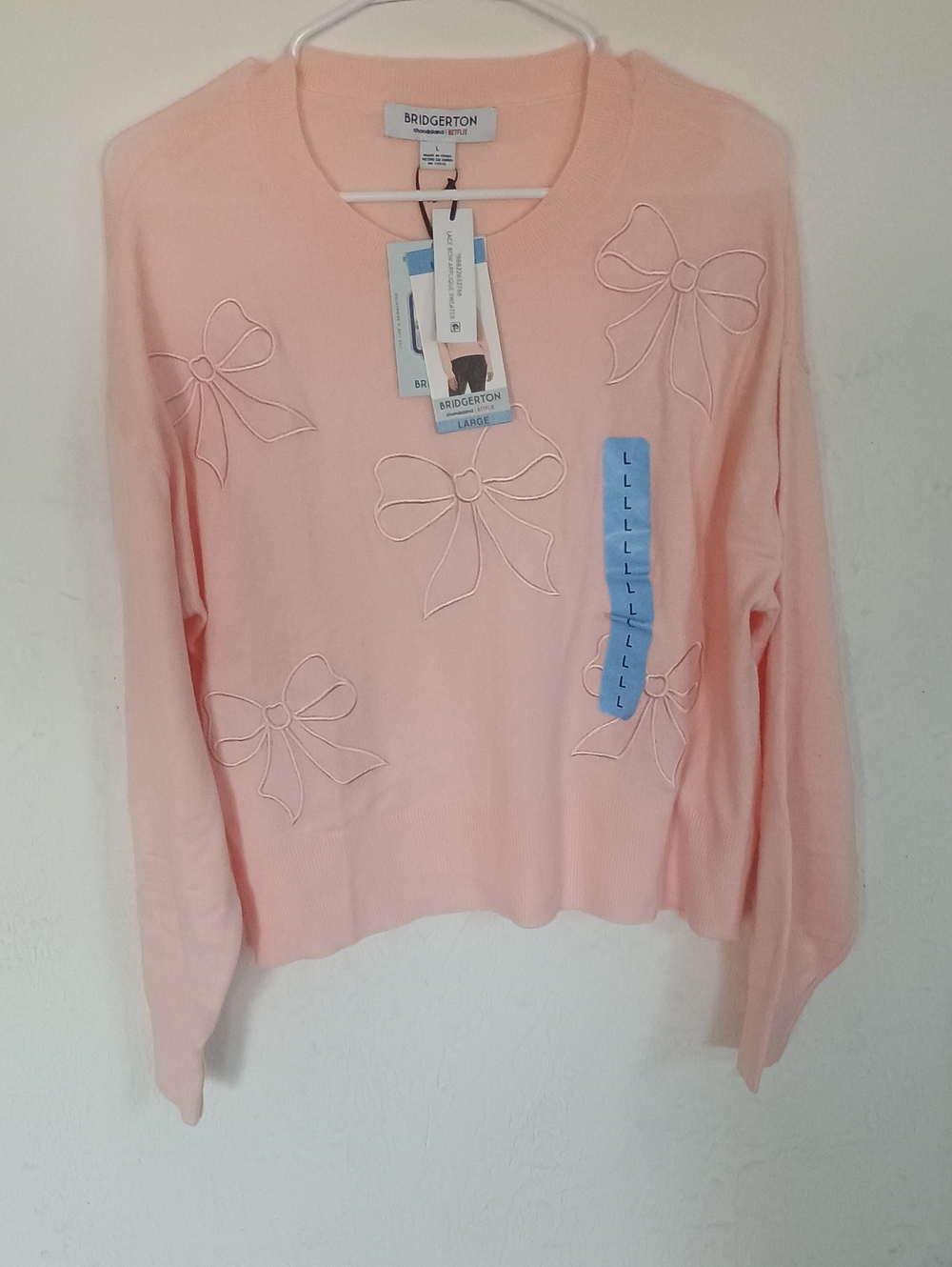 Bridgerton Pale Pink Bow-Appliqué Crew Neck Sweater